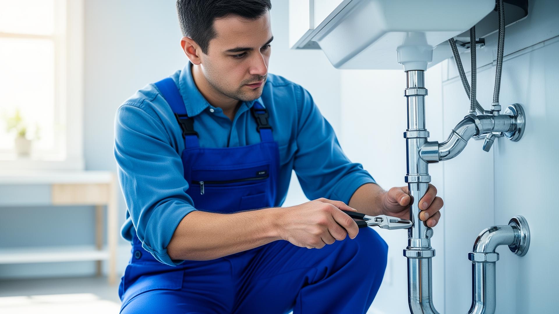 Professional plumber repairing pipes under a kitchen sink